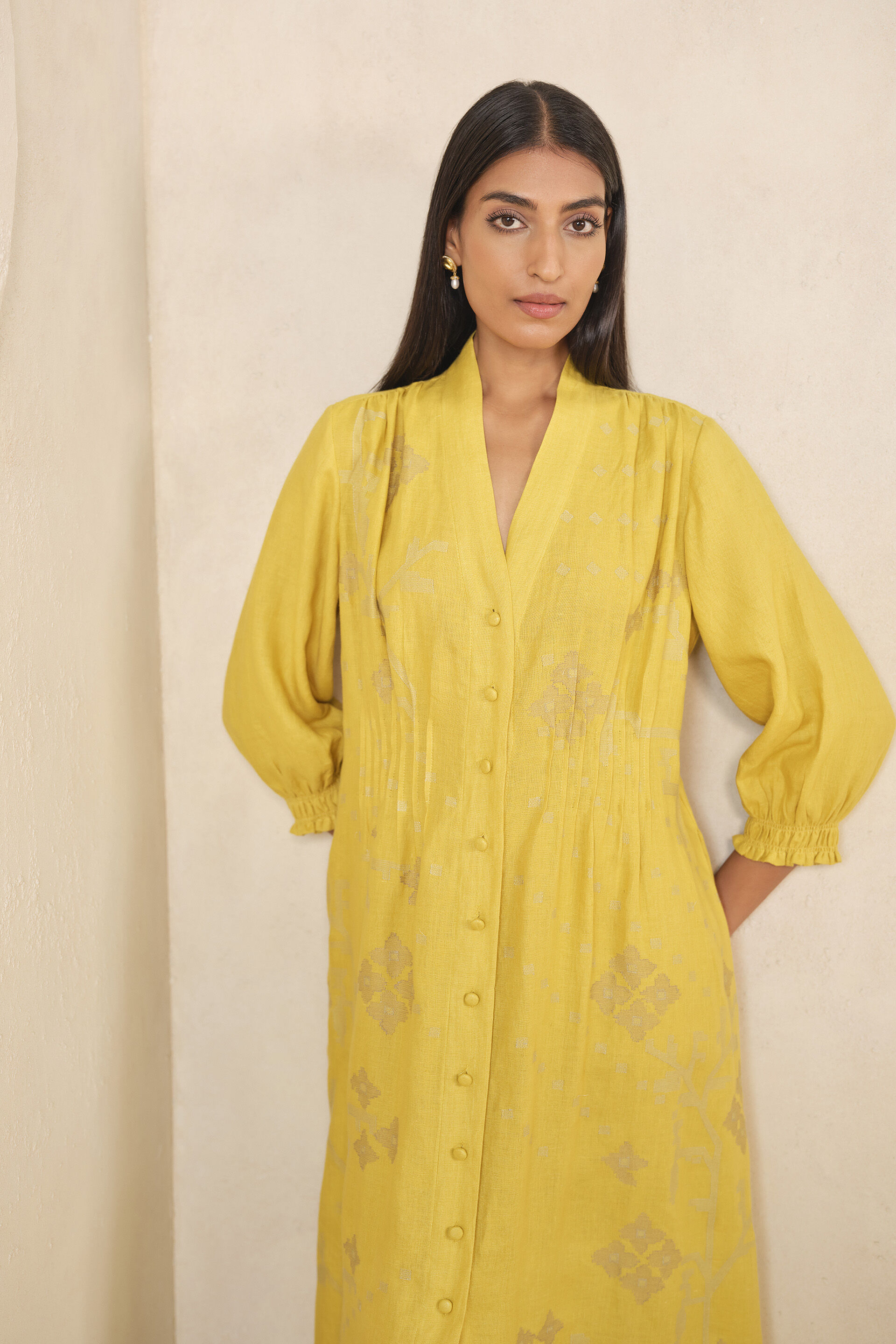 Haiku Embroidered Hemp Dress - Yellow, Yellow, image 4